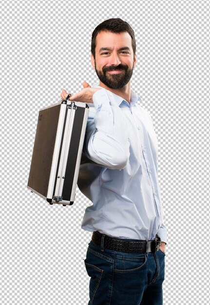 PSD szczęśliwy przystojny mężczyzna trzyma teczkę z brodą