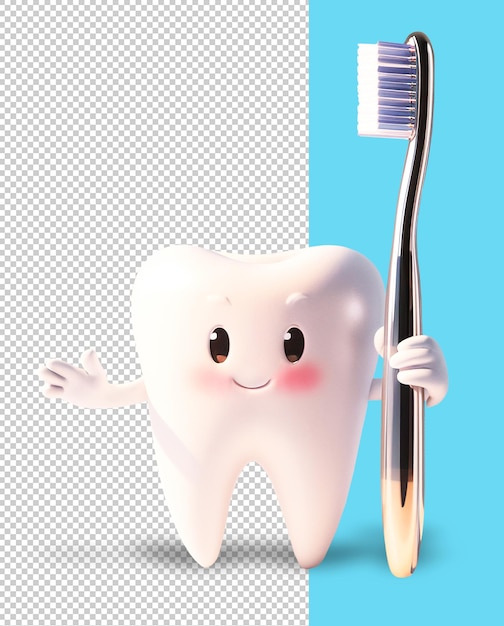 PSD szczęśliwy uśmiechnięty animowany ząb 3d z szczoteczką do zębów na przezroczystym tle