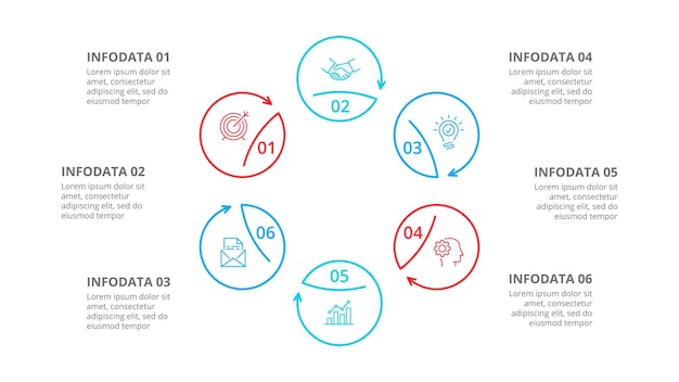 PSD sześć okręgów z strzałkami dla infografiki o cienkiej linii prezentacja biznesowa w 6 krokach