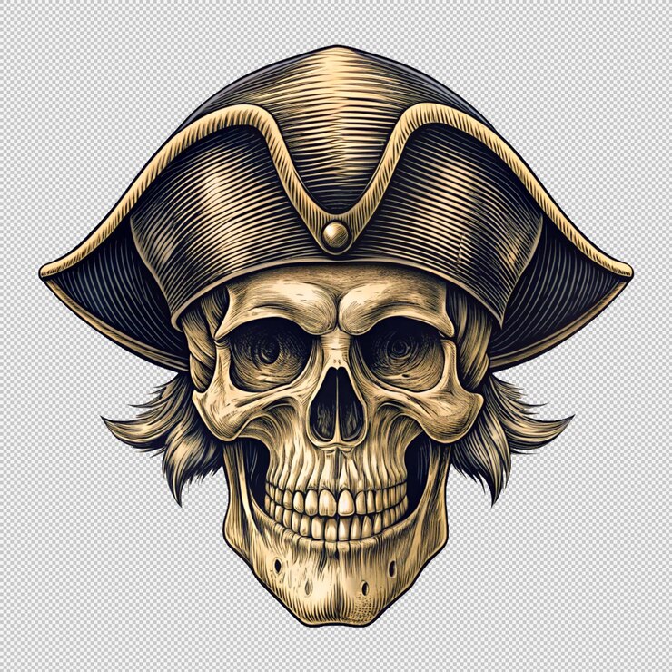 PSD szkielet czaszki pirata maskotka żniwiarza w kapeluszu kapitana piratów vintage retro przezroczyste tło