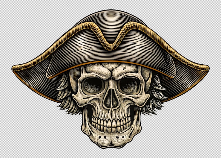 PSD szkielet czaszki pirata maskotka żniwiarza w kapeluszu kapitana piratów vintage retro przezroczyste tło