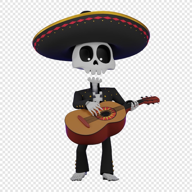 Szkielet w meksykańskim męskim stroju z sombrero grającym na gitarze Święto El Da de Muertos