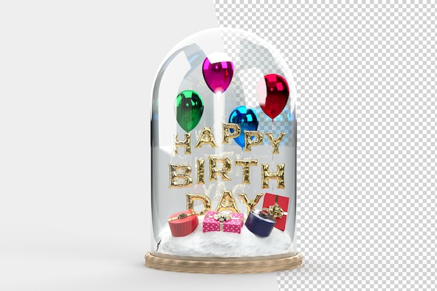 Szklana Kopuła Happy Birthday Typografia I Pudełka Na Prezenty Na Urodziny, Imprezy Lub Inne Promocyjne Banery W Mediach Społecznościowych. Renderowanie 3d