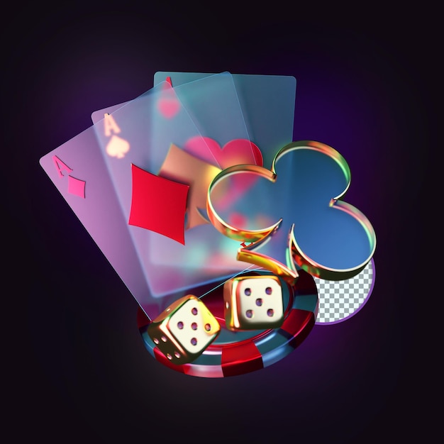 Szklane karty, ruletka, kości i Chip Casino Poker Kompozycja 3D Render, element projektu,