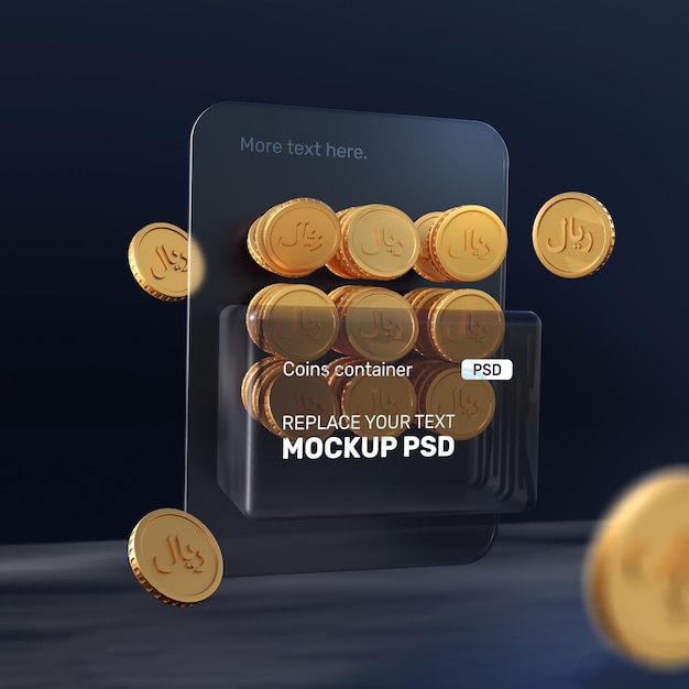 PSD szklane pudełko kontenerowe z wieloma monetami pływającymi szablonem makiety renderowania 3d psd