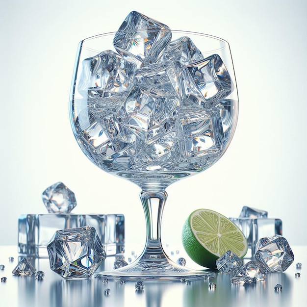 PSD szklanka kostki lodu siedzi obok cytryna i cytryna
