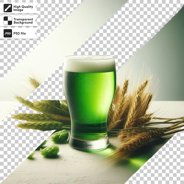 Szklanka PSD z zielonym piwem na przezroczystym tle z edytowalną warstwą maski