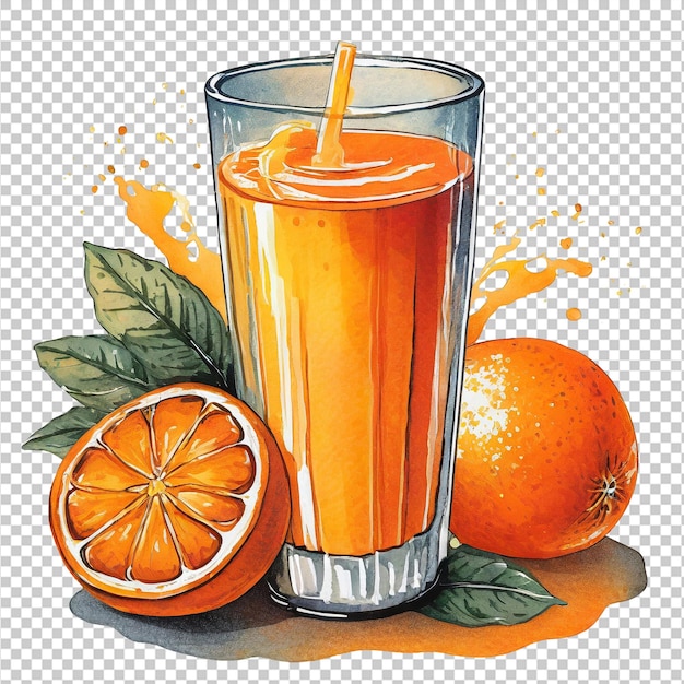 PSD szklanka soku pomarańczowego z słomką i dojrzałymi pomarańczymi na przezroczystym tle