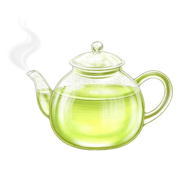 Szklany czajnik z zielonej herbaty lub herbaty matcha Aromatyczna gorąca herbata z mięty izolowana na białym tle