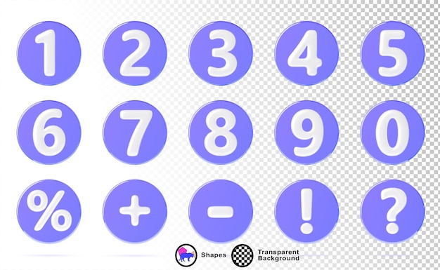 Szklany hologram okrągła odznaka z liczbami od 0 do 9 procent znak znak zapytania znak wykrzyk plus i minus symbol fioletowy przyciski kalkulatora z białymi cyframi izolowany zestaw renderowania