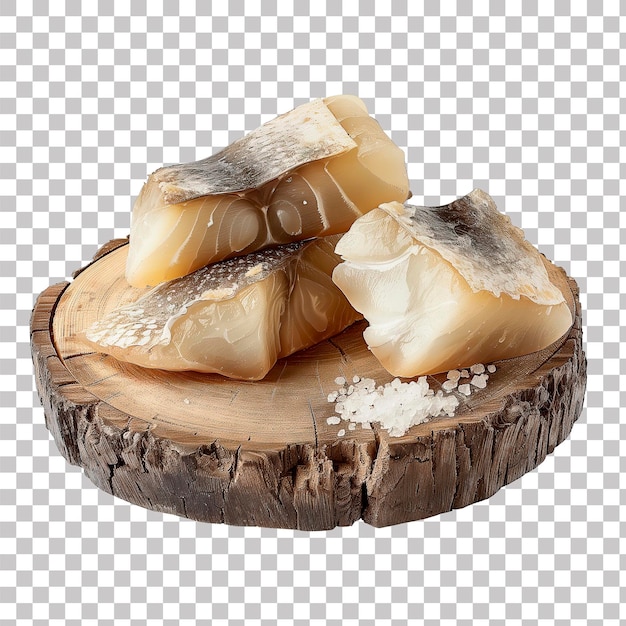 PSD sztuczna inteligencja wygenerowała zdjęcie świeżo solonej dorszy saithe na drewnianej desce z przezroczystym tłem