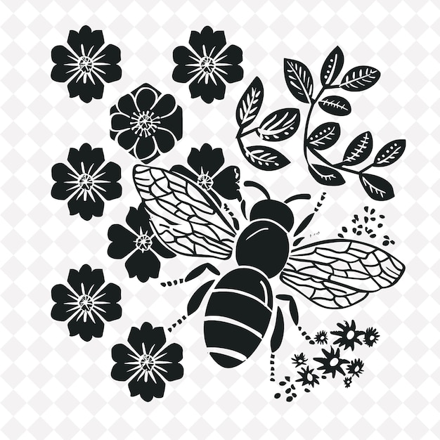 PSD sztuka ludowa pszczół png z płatkami miodowymi i dzikimi kwiatami do dekoracji ilustracja kontur dekoracja ramki