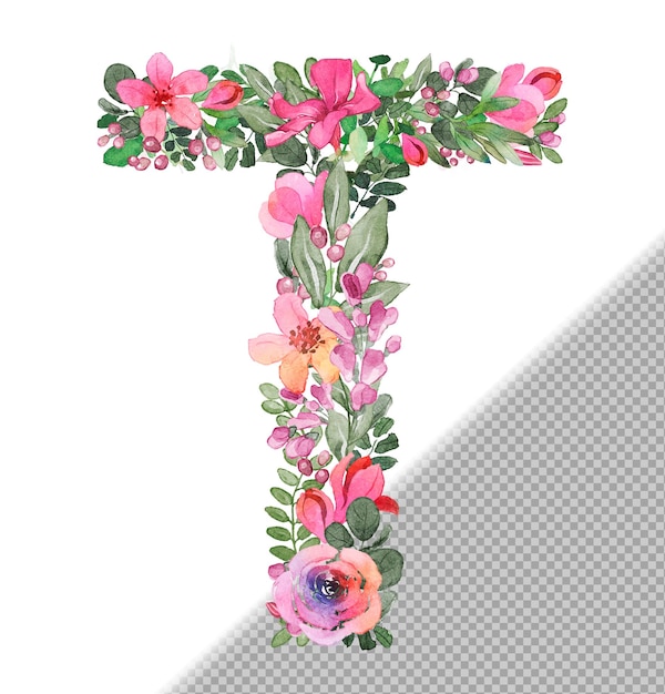 T letter in uppercase made of soft handdrawn flowers and leaves