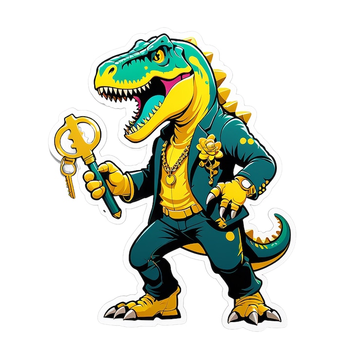 PSD t rex with a bunch of golden keys in his waist sticker decal