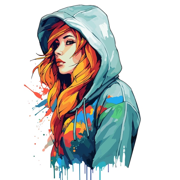 PSD t-shirt design hooded girl kolorowe ubrania ilustracja profilu akwarel png psd