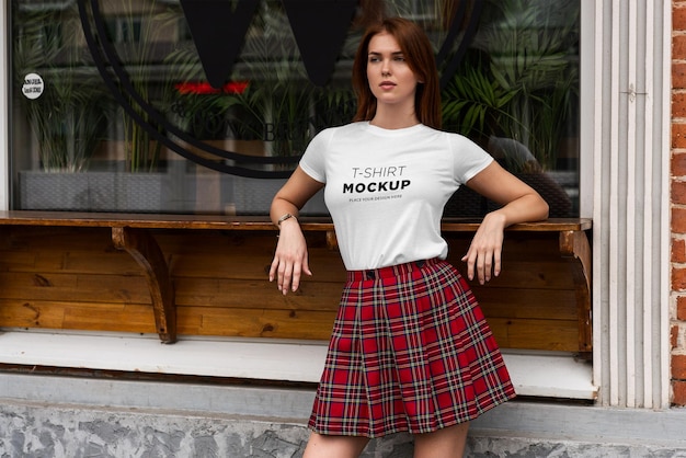 PSD t-shirt makieta stylowa dziewczyna na ulicy