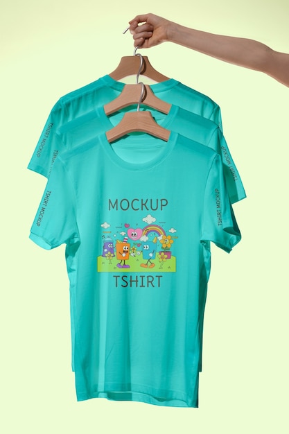 Modello di t-shirt tenuto da mano umana