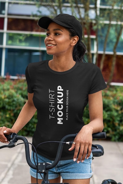 PSD t-shirt mockup african girl with bike