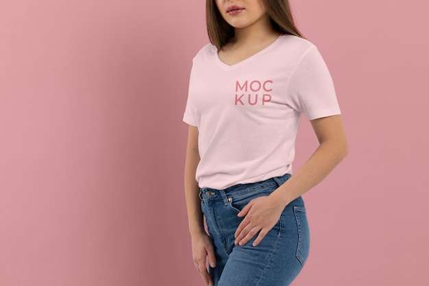 T-shirt mockup on beautiful young woman