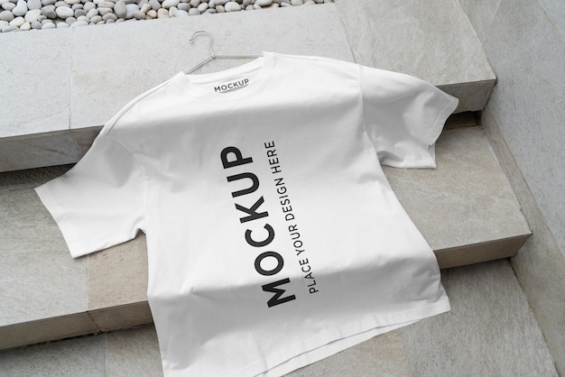 T-shirt mockup free size on marble stairs