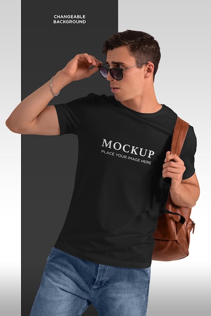 PSD t-shirt mockup isolated man with backpack and sunglasses on changeable background