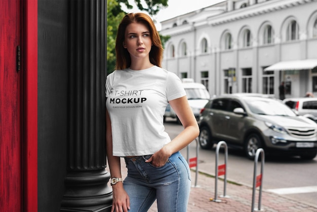 T-shirt mockup stylish girl on street