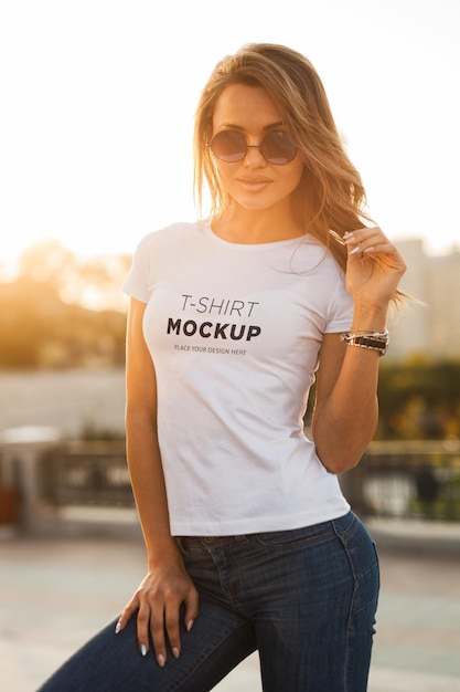 T-shirt mockup stylish girl on street
