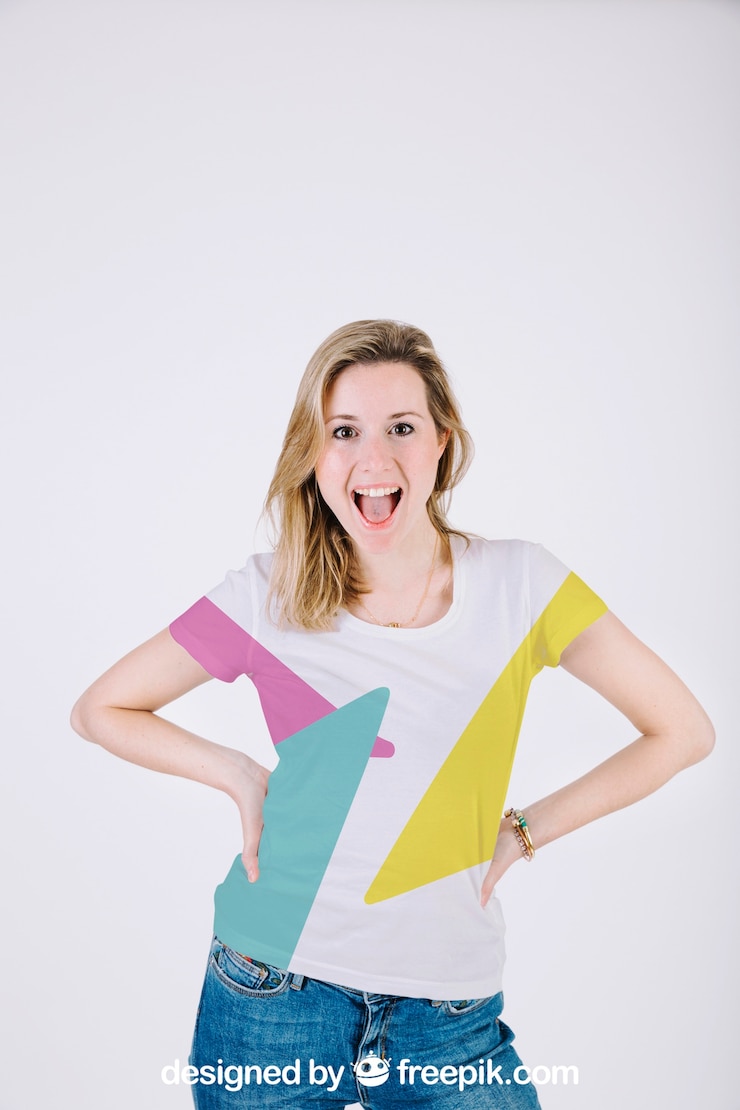 PSD t shirt mockup with happy woman
