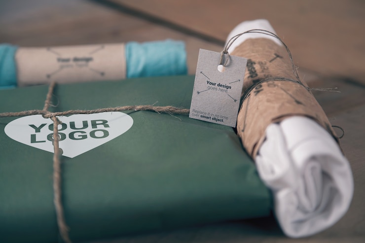 PSD t-shirt paper packaging and jute rope mockup