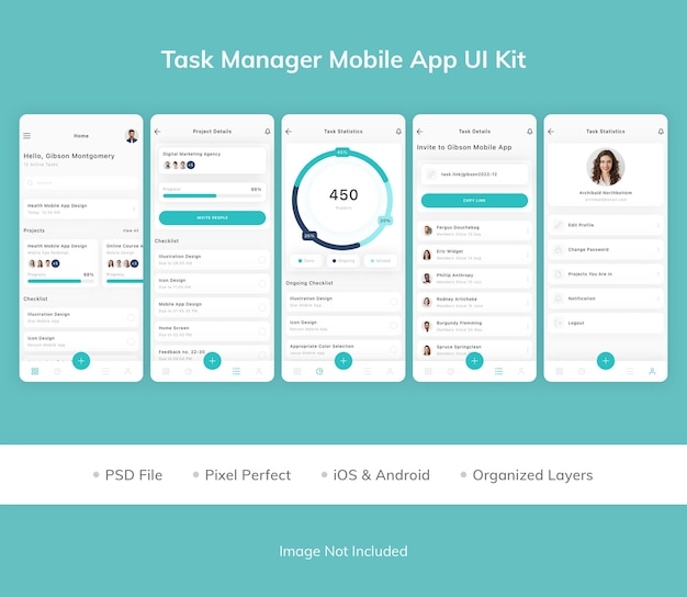 PSD taakbeheer mobiele app ui kit