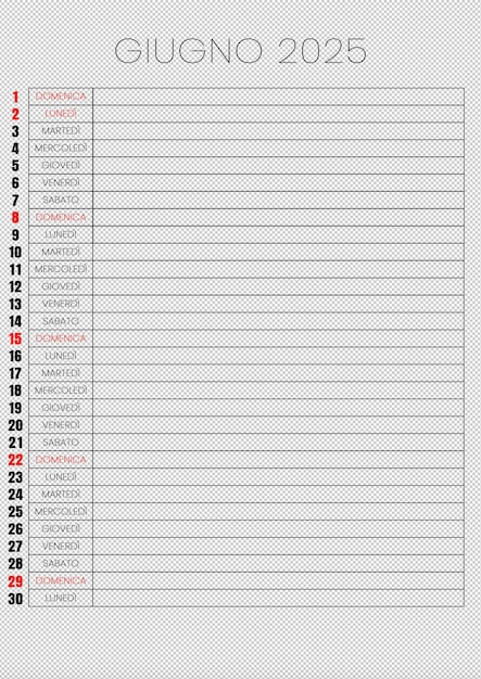 Table calendar 2025 with rows and columns where each cell contains a number