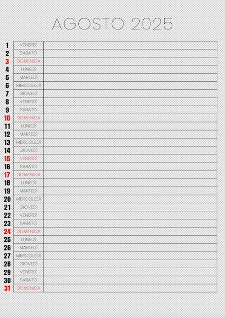 Table calendar 2025 with rows and columns where each cell contains a number