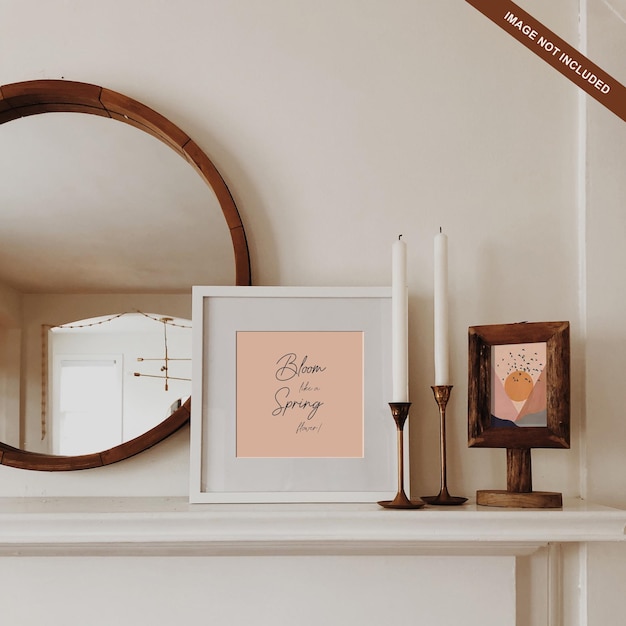 Table desk frame mockup with candles and mirror