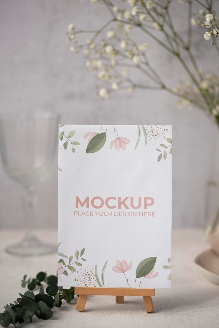 PSD table display with floral paper card mock-up