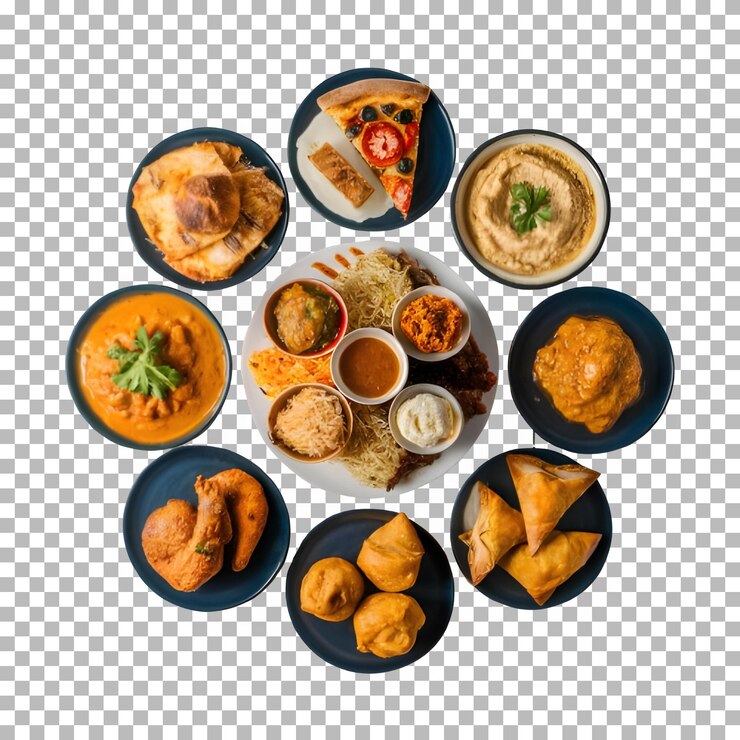 PSD a table of food including food and drinks with a grid pattern in the background