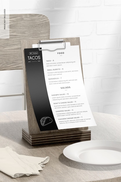 Supporto per menu da tavolo con clip mockup, sul tavolo