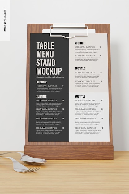 PSD table menu stand on wooden background mockup, front view