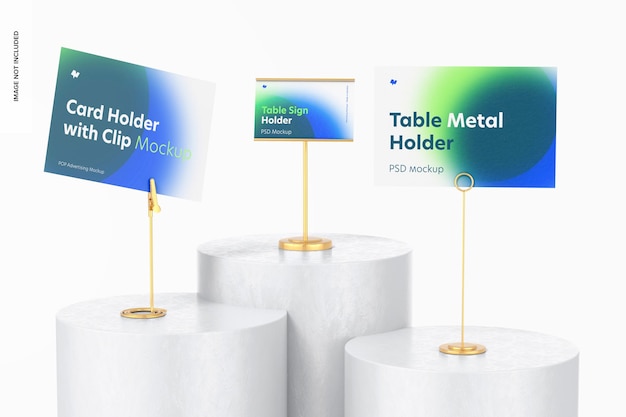 Table metal sign holder scene mockup, low angle view