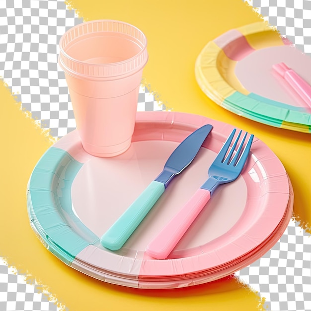 PSD 투명 한 배경 에 있는 플라스틱 접시 와  ⁇ 킨 을 사용 한 테이블 설정