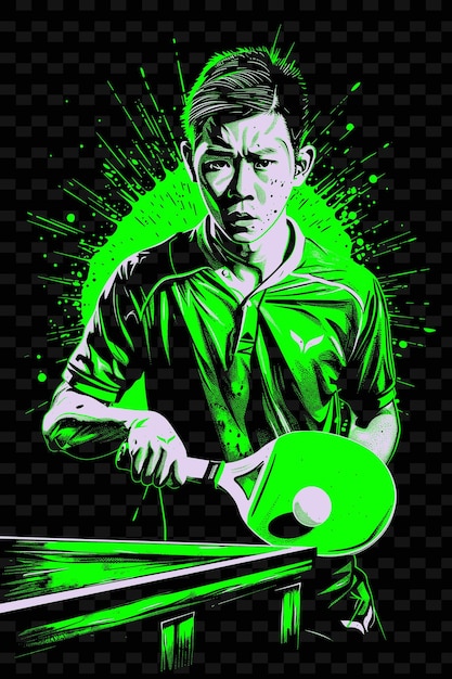 PSD Игрок настольного тенниса, держащий весло с мячом и столом с иллюстрацией плоский 2d спортивный фон