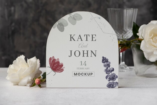 PSD table tent card mock-up design with elegant floral arrangement