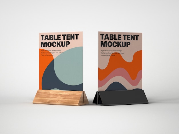 PSD table tent with wood and plastic holder mockup