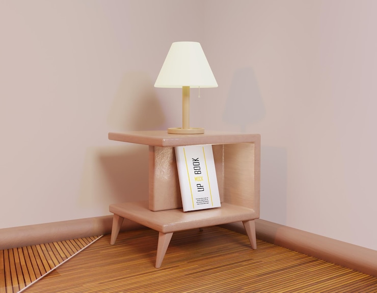PSD a table with a lamp and a book on it