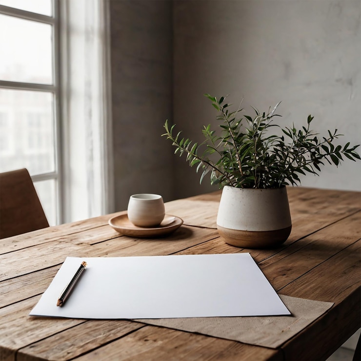 PSD a table with a pen and a plant on it