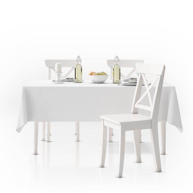 Table with tablecloth, dishware and chairs