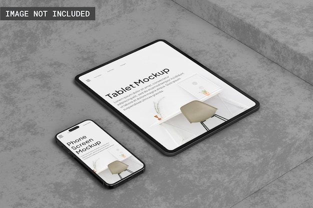 PSD コンクリートの床に置かれたタブレットと電話のモックアップ