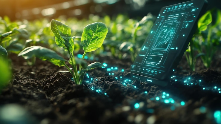 PSD a tablet computer rests in a field of young plants surrounded by glowing blue data points