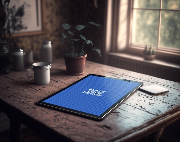 tablet gadget mockup on the table in the room