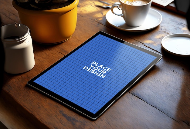 部屋のテーブルにあるタブレットガジェットのモックアップ