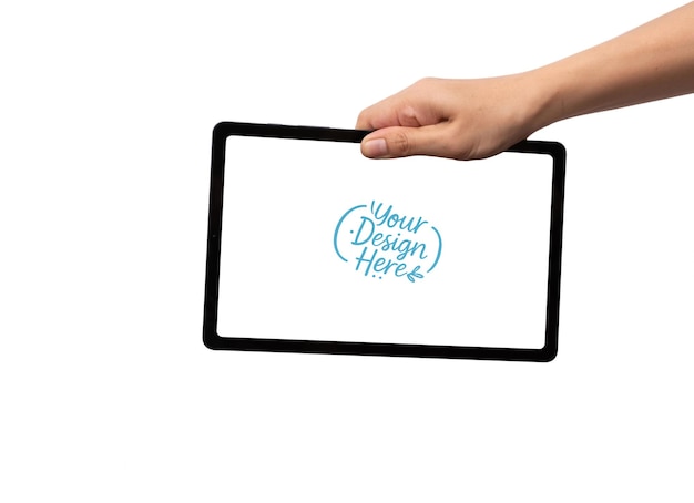 Tablet held by hand with a blank screen for your content